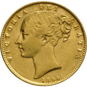 1854 Gold Sovereign - Victoria Young Head Shield Back
