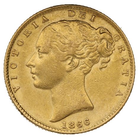 1866 Gold Sovereign - Victoria Young Head Shield Back